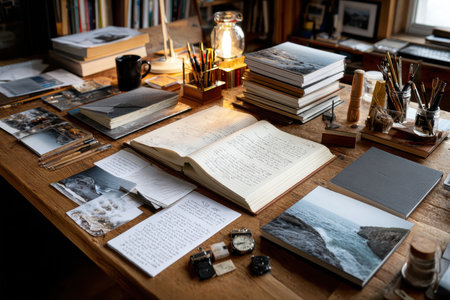 A workspace showcases stacks of books, art supplies, and handwritten notes, evoking inspiration and creativity.の写真素材