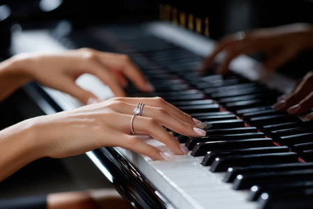 Two hands skillfully dance across piano keys, creating a soothing melody in a softly lit environment.の写真素材