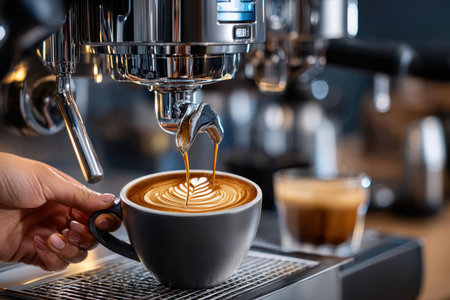 A skilled barista pours espresso into a cup, forming intricate latte art in a warm cafe atmosphere.の写真素材