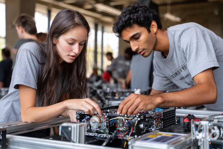 Two students focus intently on assembling a robotics project at a high school workshop, showing teamwork.の写真素材