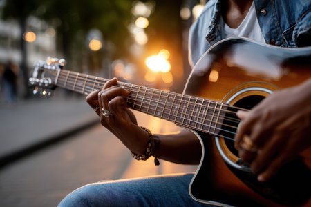 Close up of hands playing an acoustic guitar outdoors at sunsetの写真素材