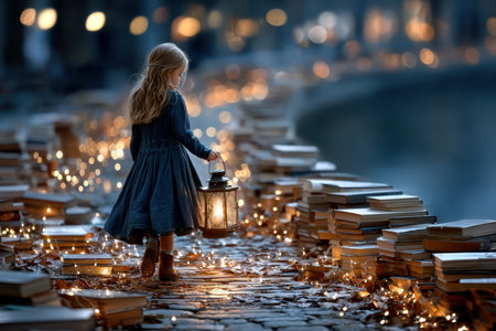 A young girl with long hair carries a lantern down a cobblestone path surrounded by glowing books and lights.の写真素材