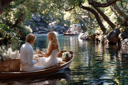 Couple enjoys a peaceful boat ride on calm water, surrounded by trees and soft sunlight, celebrating intimacy.の写真素材