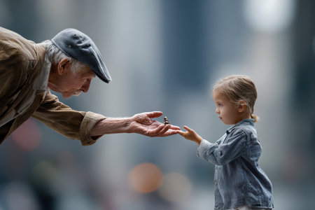 In a lively city, an elderly man gives a small token to a curious girl, sharing a moment of connection.の写真素材