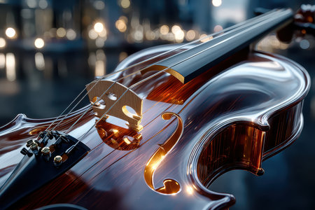 A beautifully crafted violin rests against a soft glow from city lights at dusk, showing its intricate details.の写真素材