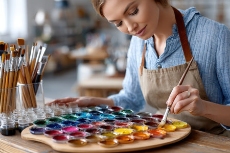 A skilled artist carefully blends colorful paints on a wooden palette in a bright studio setting.の写真素材