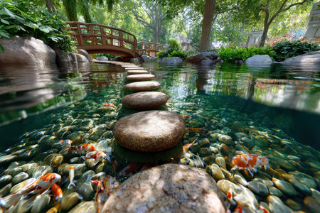 Beautiful garden pathway with smooth stones extending over clear water, showcasing vibrant koi fish below.の写真素材