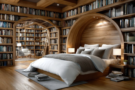 A calming bedroom features ample bookshelves, warm wood tones, and soft bedding, perfect for relaxation.の写真素材