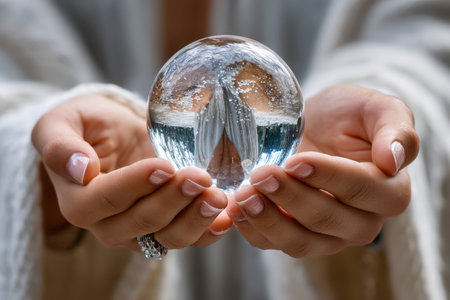 A person with delicate nails holds a transparent crystal ball reflecting sunlight, surrounded by nature.の写真素材
