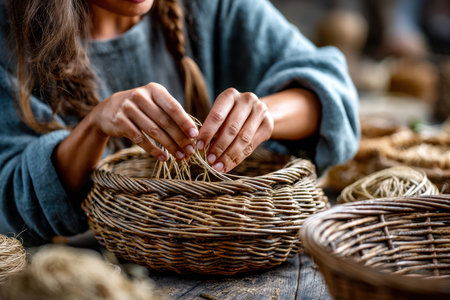 A skilled artisan meticulously weaves plant fibers into intricate basket shapes in a cozy workshop.の写真素材