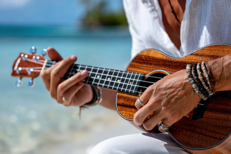 A musician strums a ukulele while sitting on a sandy beach, enjoying the ocean view and sunshine.の写真素材