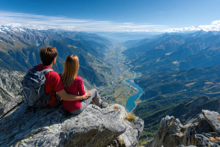 A couple sits on a rocky ledge, admiring stunning mountain scenery and a winding river below.の写真素材