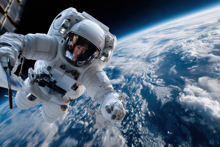 An astronaut spacewalks outside the ISS, with Earth below, highlighting the vastness of space.の写真素材