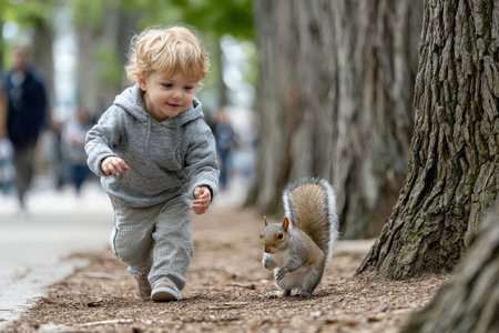 A young child excitedly chases a squirrel along a tree-lined pathway in a bustling urban park.の写真素材