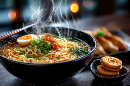 A steaming bowl of ramen noodles with egg and various side dishesの写真素材