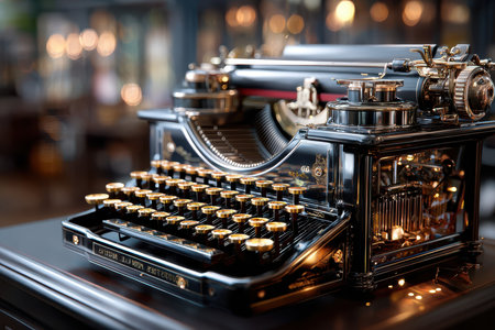 A classic typewriter rests on a wooden table in a welcoming cafe, surrounded by soft, glowing lights.の写真素材