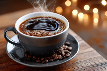 A close-up of a steaming cup of coffee on a wooden table, under a single source of warm light, shot with a macro lens, evoking comfort and warmthの写真素材