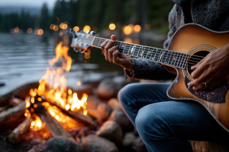 A person plays guitar next to a serene lake as a campfire illuminates the night with flames.の写真素材