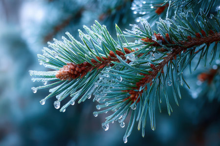 Closeup view of a pine branch with frozen needles and water dropletsの写真素材
