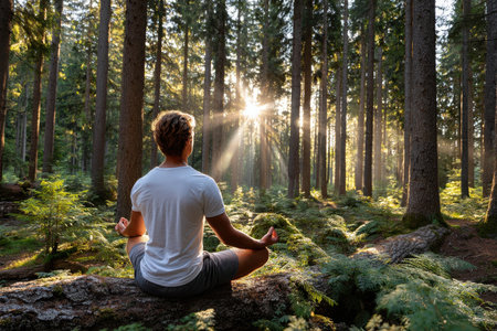 A man meditating in a tranquil forest at sunrise, with warm backlighting, embodying inner peace and connection with natureの写真素材