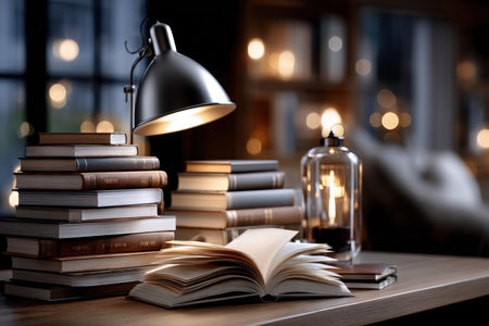 Open book and stack of books under a desk lamp on a wooden tableの写真素材