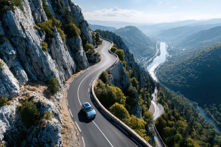 Aerial view of a car on a winding mountain road next to a riverの写真素材