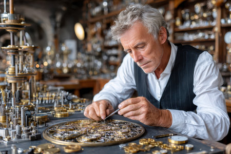 Skilled craftsman meticulously works on intricate clock gears in a well-equipped workshop, showcasing expertise.の写真素材