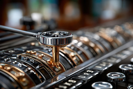 Close-up view of a vintage cash register with ornate dials and metallic components in a quaint shop.の写真素材