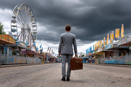 A man in a suit carries a suitcase walking through a nearly empty fairground with ominous skies.の写真素材