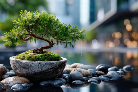 A small bonsai tree sits in a pot by a pond with rocksの写真素材