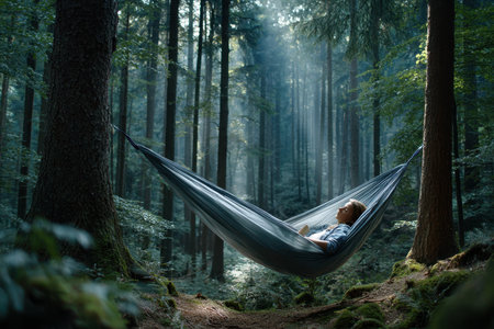 A person enjoys reading in a hammock strung between trees, surrounded by a tranquil forest atmosphere.の写真素材