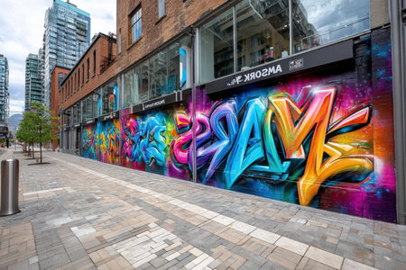 A colorful graffiti mural adorns the wall of a building in an urban settingの写真素材