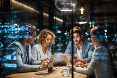 Professionals engage in a focused discussion around a table, utilizing a laptop and digital tools in a sleek office.の写真素材