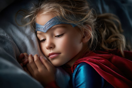 A child dressed as a superhero lies on her side, looking serene while resting in a cozy bedroom.の写真素材