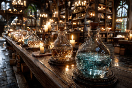 Colorful glass bottles filled with luminescent potions line a wooden table in an enchanting laboratory.の写真素材
