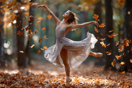 A skilled dancer performs an elegant twirl while autumn leaves cascade around her in a serene forest setting.の写真素材