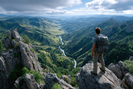 A lone hiker on a rocky ledge gazes at the green valley and winding river below in the morning light.の写真素材