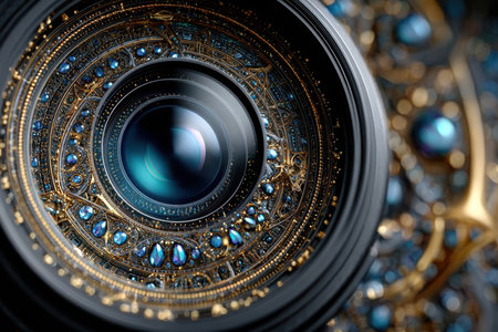 Close view of an ornate camera lens featuring stunning gold patterns and blue gems, showcasing fine craftsmanship.の写真素材