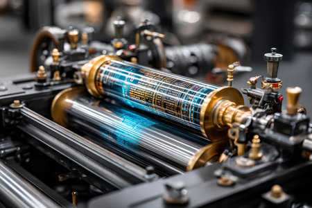 A detailed view of an artisan printing press displaying a colorful roller with intricate patterns during operation.の写真素材