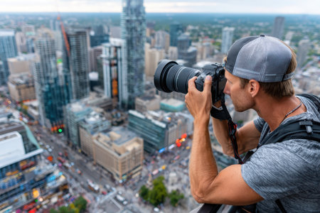A photographer skillfully takes pictures of the sprawling city skyline during golden hour from a high vantage point.の写真素材