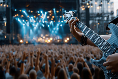 A lively crowd raises hands while a guitarist plays passionately under colorful stage lights.の写真素材