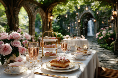 Gorgeous setup for afternoon tea features pastries and flowers in a tranquil garden with greenery.の写真素材