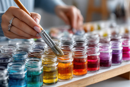 A person is skillfully mixing various bright paint colors with a brush in a well-lit art studio.の写真素材