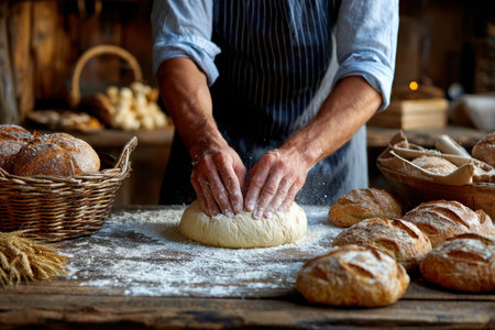 Baker works with dough on wooden table surrounded by freshly baked bread loaves in cozy bakery setting.の写真素材