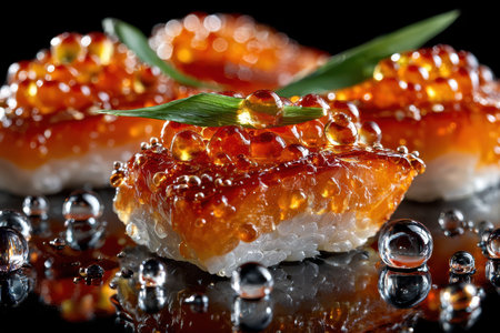 Closeup of sushi with salmon roe and decorative leaf on a dark surface with water dropletsの写真素材
