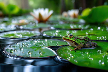 A green frog sits on a lily pad in a pondの写真素材