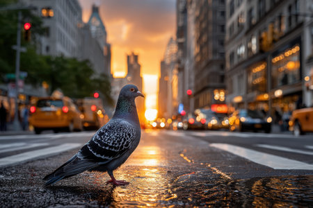 A pigeon stands on a wet city street at sunsetの写真素材