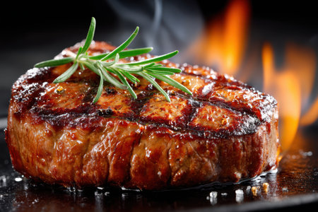 A closeup of a grilled steak with rosemary on a hot surfaceの写真素材