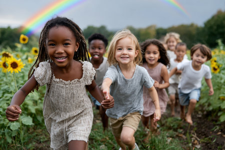 A group of multicultural children playing in a sunflower field at sunset, shot in a candid style with a 35mm lens, with a surprise rainbow appearing in the background, ultrarealistic photo --ar 3:2 --raw --profile nk3i4wf --stylize 250 --v 7 Job ID: f8003cce-4464-43b0-acff-95a6747b389dの写真素材