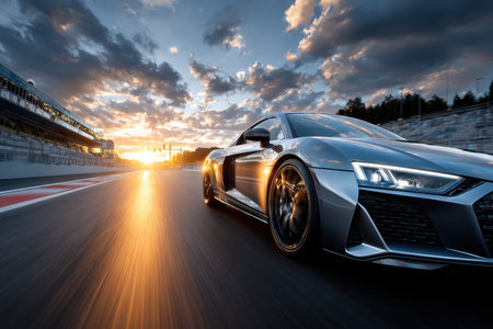 A silver sports car speeds along a racetrack at sunsetの写真素材